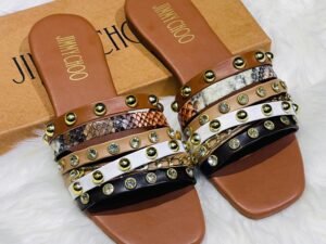 Jimmy Choo Style Multi-Strap Studded Slides – Tan Edition ✨